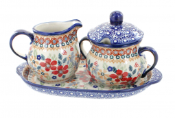 Red Daisy Sugar & Creamer with Tray